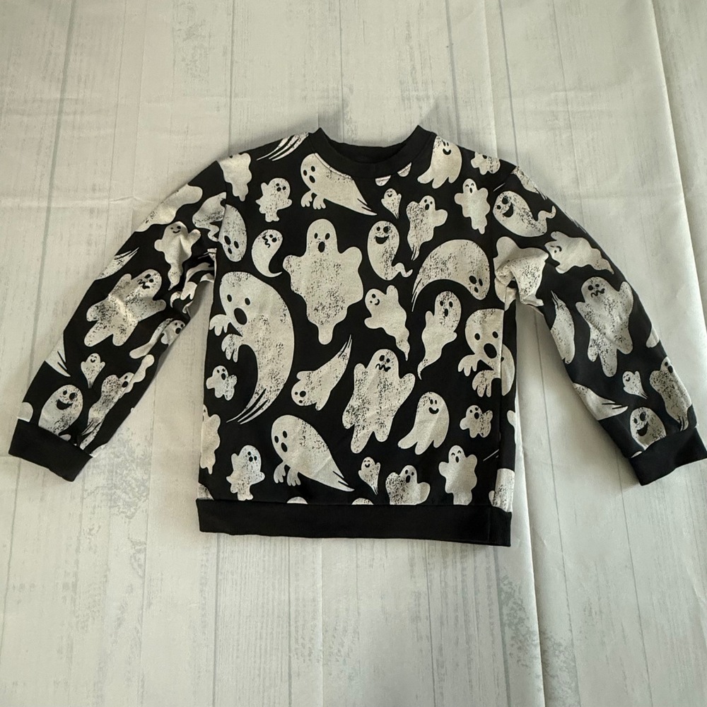 H&M Kids Ghost Print Sweatshirt Black White Halloween Crewneck Pullover 5T- 6